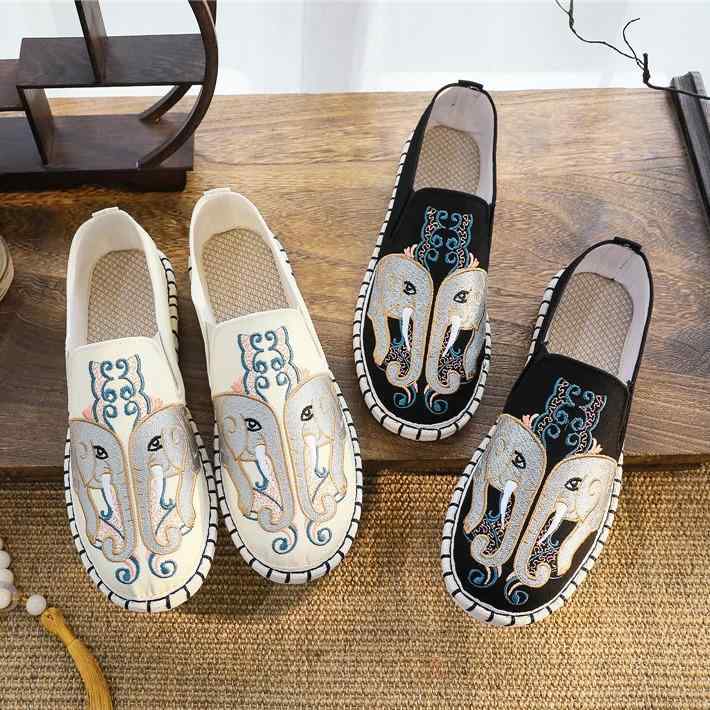 スリッポン メンズ 春夏 フラットソール 民族風 刺繍 キャンバス素材 ラウンドトゥ 浅履き フィッシャ..