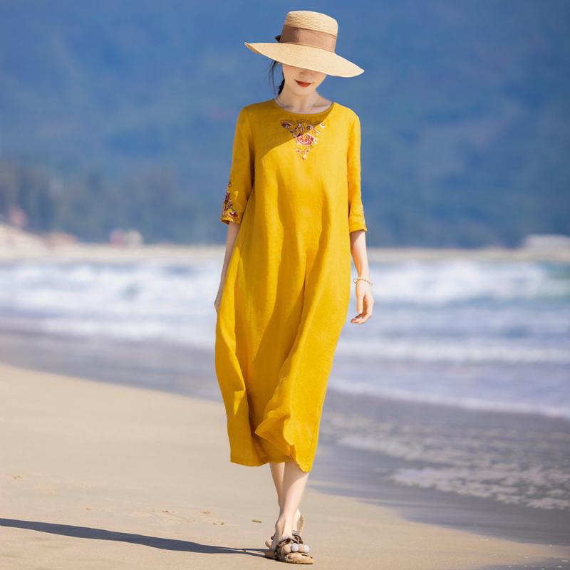 ワンピース ゆったり ロング丈 刺しゅう リネン 麻 丸首 五分袖 春夏 民族風 レトロ チャイナ風 花柄 A..