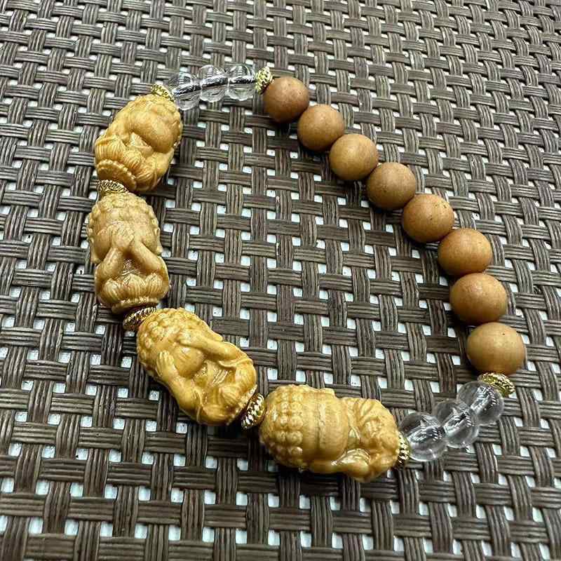 数珠 ブレスレット 白檀 サンダルウッド 見ざる言わざる聞かざるせざる 四不モチーフ 木製 天然木 中華風 レトロ 丸玉 手作りキット ネックレス兼用 厄除け 開運 お守り 瞑想 エスニック