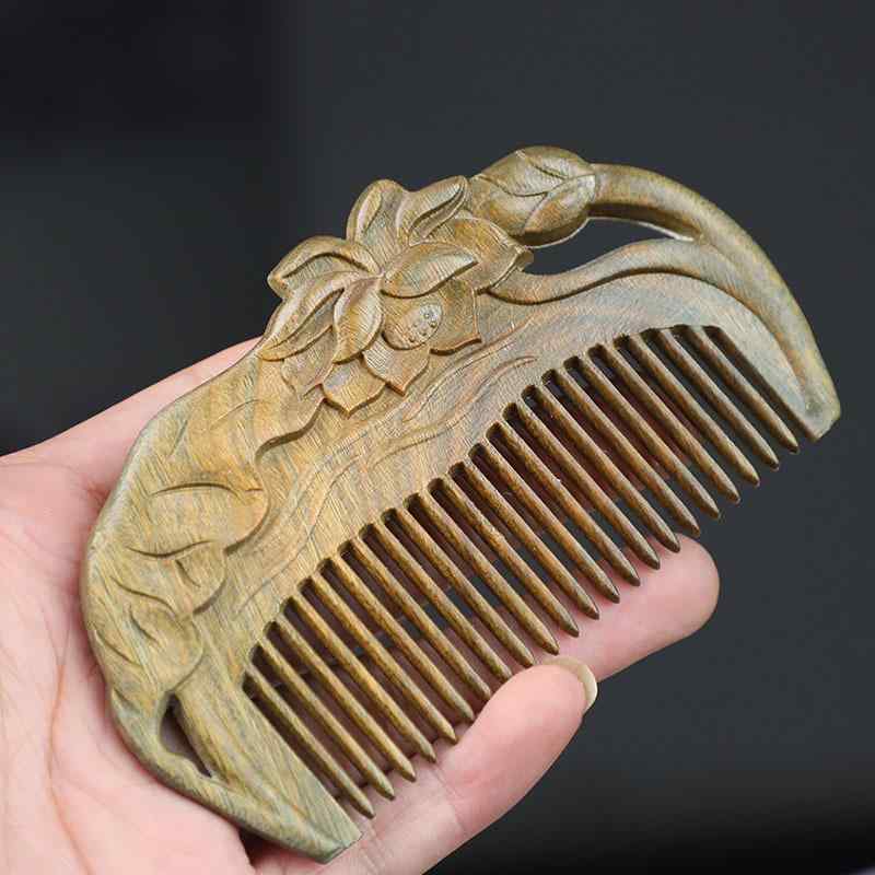 櫛 レディース 女性用 緑檀木 無垢材 天然木 ストレートハンドル 一枚板 両面彫刻 芳香 古風 和風 レトロ 普段使い ヘアケア 頭皮ケア
