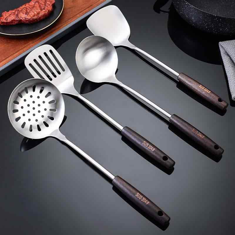 キッチンツール 家庭用 滑り止め 耐熱 火傷防止 軽量 ステンレス製 天然木柄 フライ返し ターナー お玉..