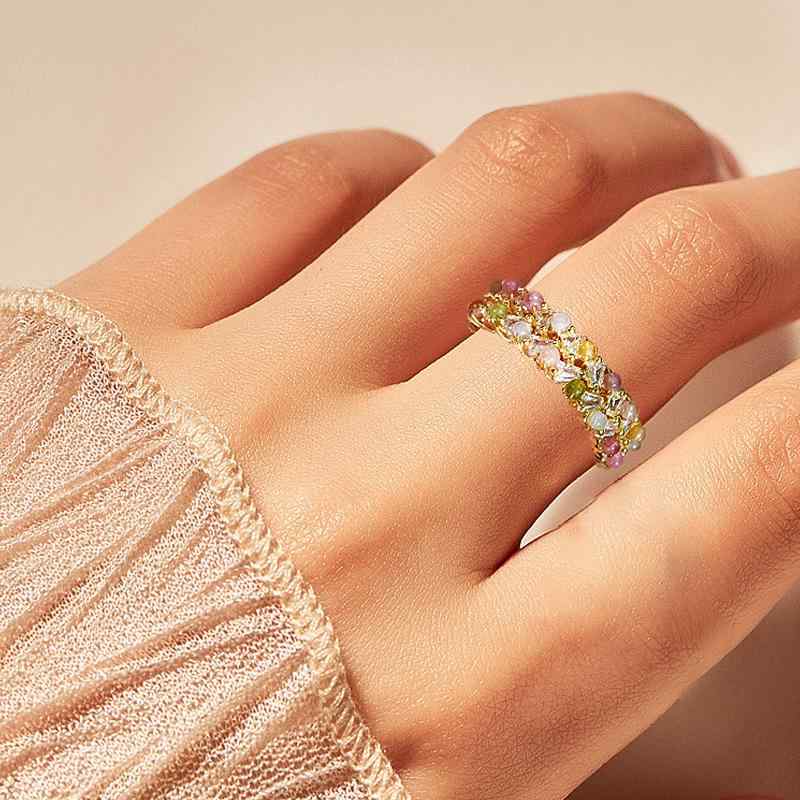指輪 レディース 銅製 18K電気メッキ加工 手作り カラフル トルマリン 象嵌 幾何学模様 フリーサイズ 開口リング 個性的なデザイン 通勤 オフィス カジュアル ファッション 万能