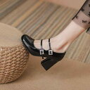 メリージェーン パンプス レディース 疲れにくい 歩きやすい 8cmヒール 太ヒール チャンキーヒール スクエアビジュー ストラップ 制服風 スクールスタイル ...