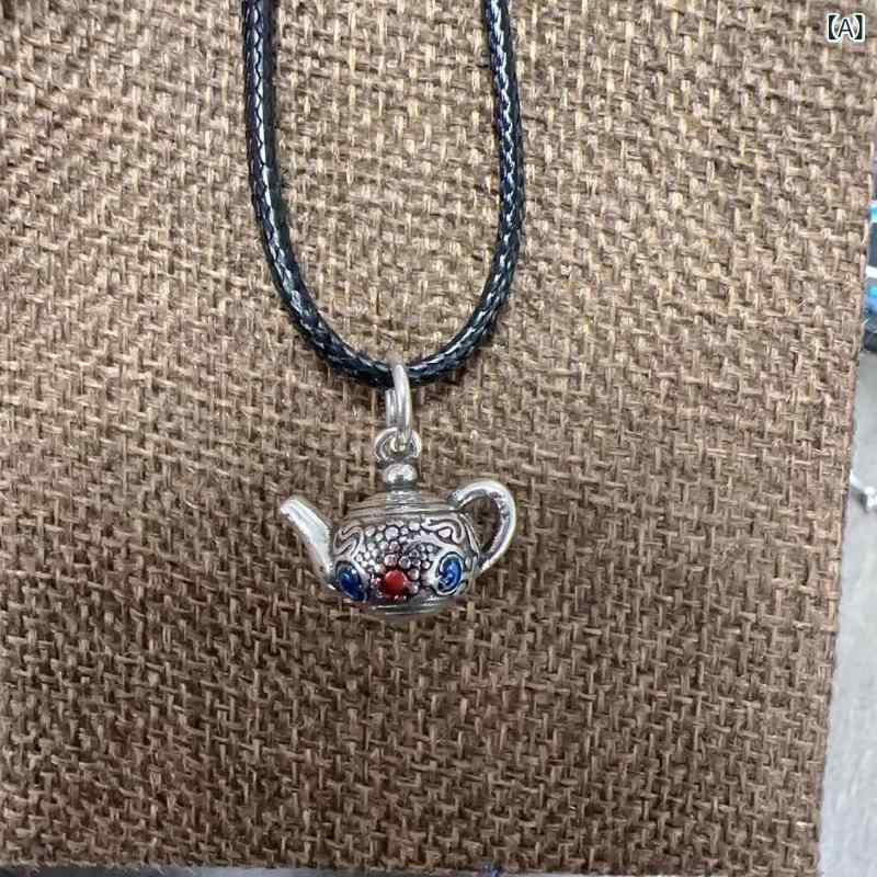 ネックレス 男女兼用 レジン加工 銅製 燻し銀風 アンティーク レトロ エスニック 景泰藍風七宝 エナメ..