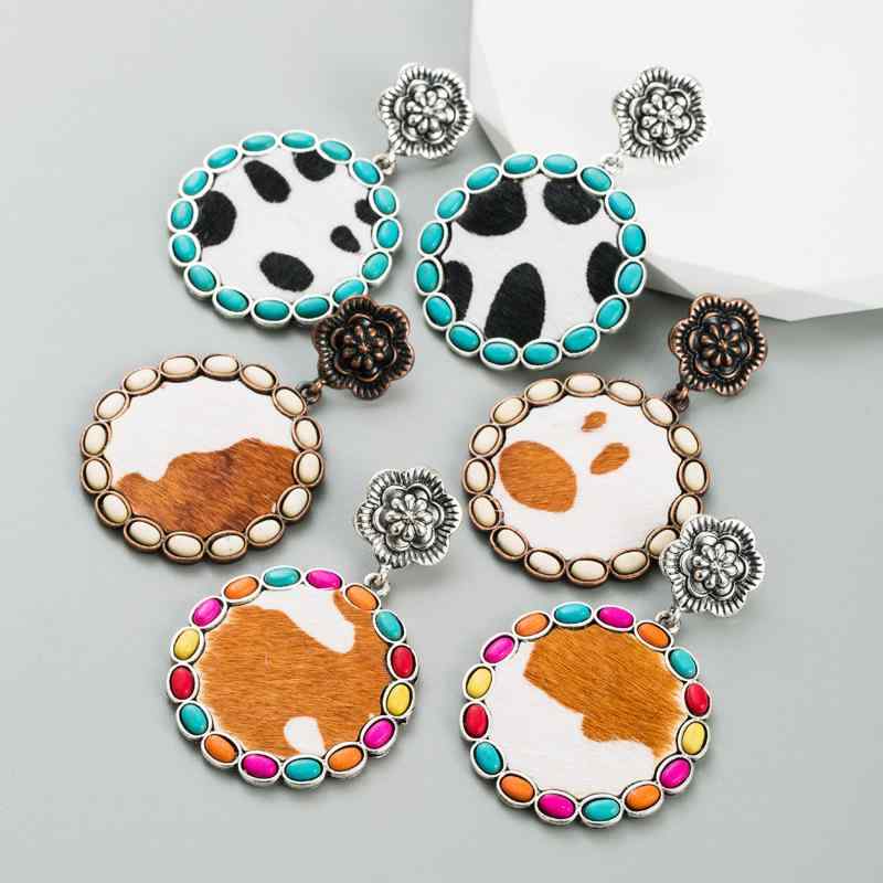 ピアス レディース 欧米風 レトロ 大ぶり 個性的 幾何学模様 ラウンド 合金製 ターコイズ 牛柄 レザー エレガント 上品 おしゃれ カジュアル パーティー