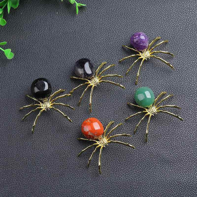 置物 ハロウィン 飾り 天然クリスタル タンブルストーン スパイダー オブジェ 魔除け 幸運 ヒーリング アメジスト ローズクォーツ オブシディアン パワーストーン モダン インテリア ゴールド ブラック 蜘蛛 デザイン マルチカラー