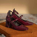 メリージェーン パンプス レディース スクエアトゥ エナメル チャンキーヒール ハイヒール ワインレッド レトロ クラシック 無地 春夏 大人カジュアル デイリ...