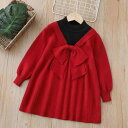 ニットワンピース 女の子 ガールズ キッズ 子供服 裏起毛 長袖 丸首 プルオーバー リボン 上品 かわいい エレガント ロング丈 柔らかい 肌触り アクリル ...