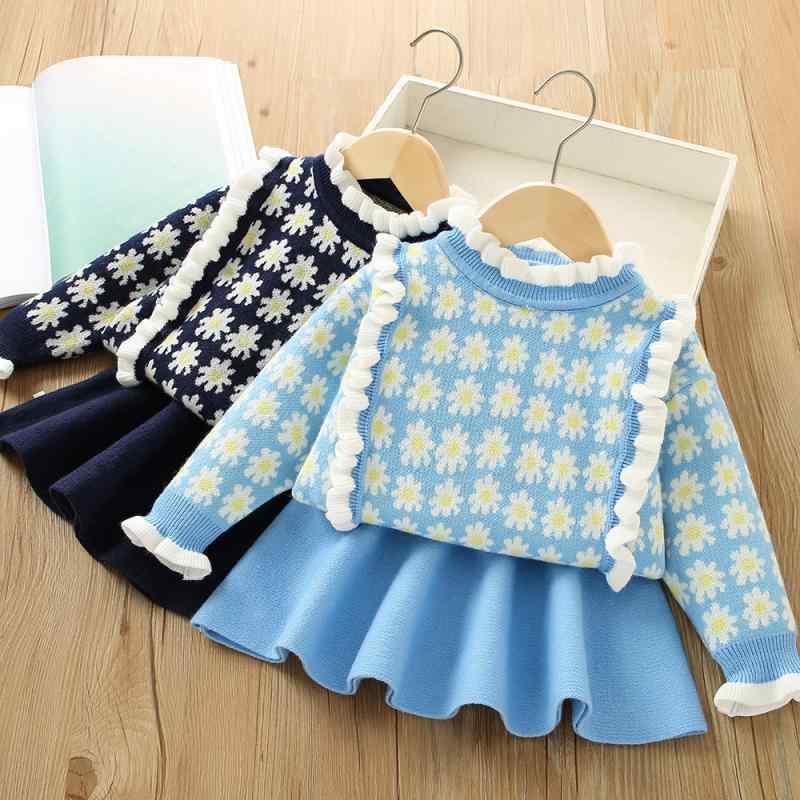 スカートセットアップ 女の子 キッズ 子供服 秋冬 春 花柄 フリル 長袖 韓国風 おしゃれ プルオーバー かわいい 快適 カジュアル 通園 通学 お出かけ 普段着 アクリル ネイビー スカイブルー 100 110 120 130