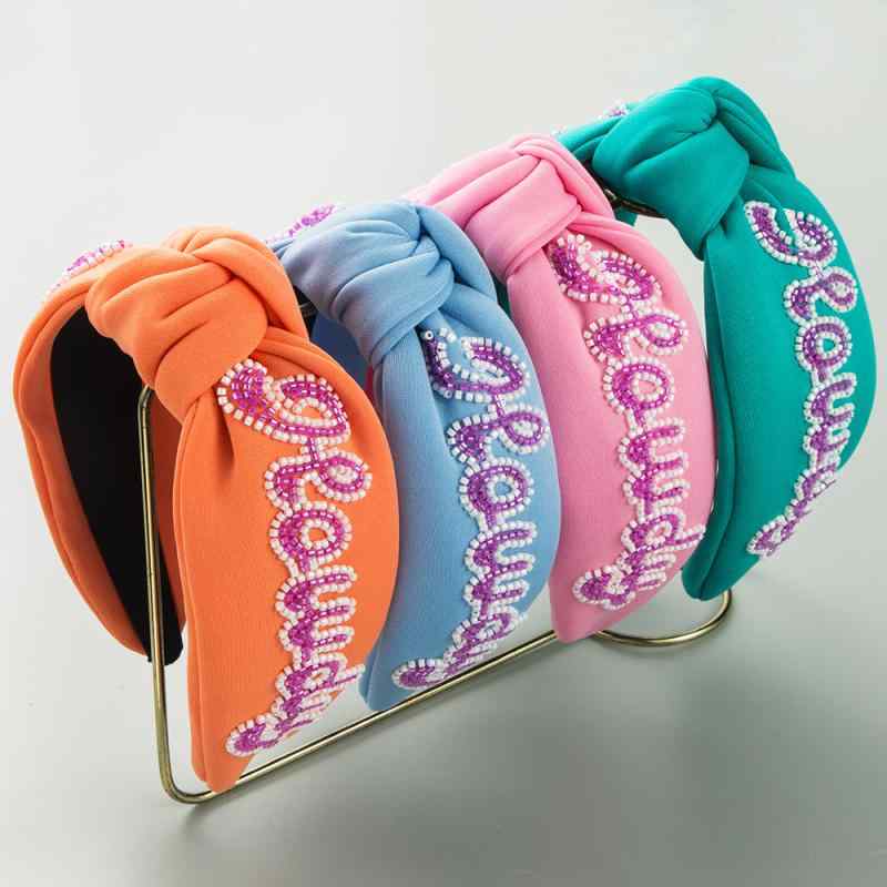 ヘアバンド レディース ハンドメイド 米ビーズ 上質 英字 アルファベット インフルエンサー トレンド 流行 個性的 ユニーク ワイド 幅広 パーティー イベント オレンジ ブルー ピンク ブルーグリーン