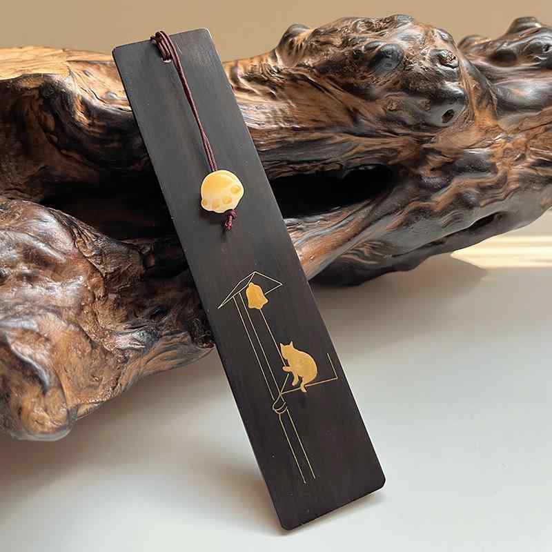 しおり かわいい 猫 木製 真鍮製 象嵌 おしゃれ ユニークデザイン ギフトセット プレゼント ボックス入..