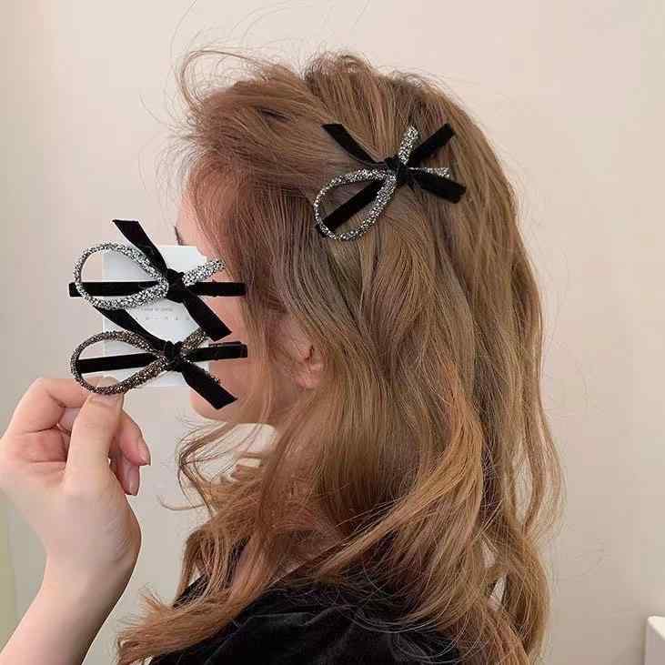 髪飾り レディース バンスクリップ きらめく ラインストーン 布製リボン かわいい 前髪留め おくれ毛 サイド 髪留め インフルエンサー 普段使い フェミニン