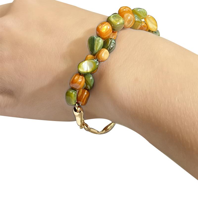 ブレスレット レディース 女性用 銅18K金メッキ 電気メッキ加工 虹色貝殻 二連チェーン 個性派デザイン シンプル トレンド インスタ映え オールシーズン おしゃれ 普段使い カジュアルスタイル