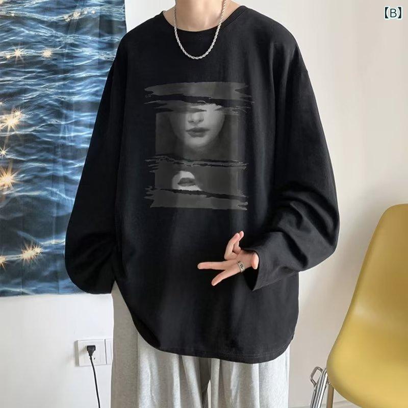 Tシャツ メンズ 春秋 トレンド ストリート系 長袖 綿100% ゆったり ルーズフィット クルーネック プリント 薄手 着回し抜群 重ね着 インナー 普段着 部屋着 トップス