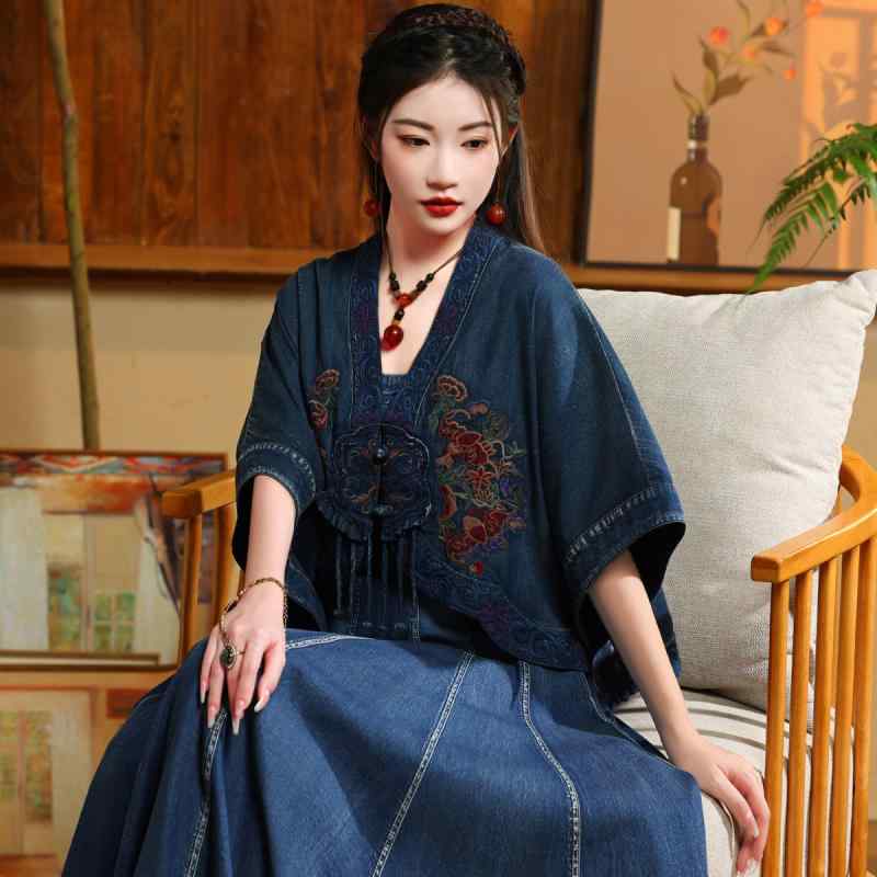 デニムジャケット レディース 春夏 チャイナ風 豪華刺繍 ドロップショルダー 個性派デザイン Vネック ポンチョ型 五分袖 コットン レトロ