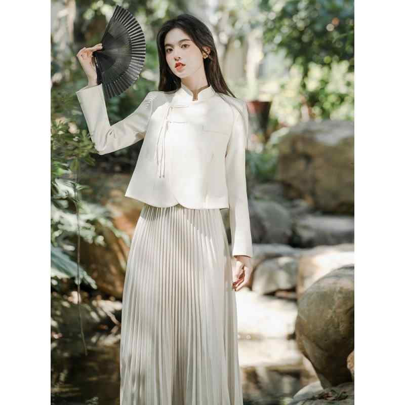 ドレス レディース 秋冬 新チャイナ風 レトロ 改良チャイナドレス ツーピース セットアップ スタンドカラー 長袖 切り替え ミディアム丈 ポリエステル素材 お呼ばれ フォーマル パーティー オケージョン