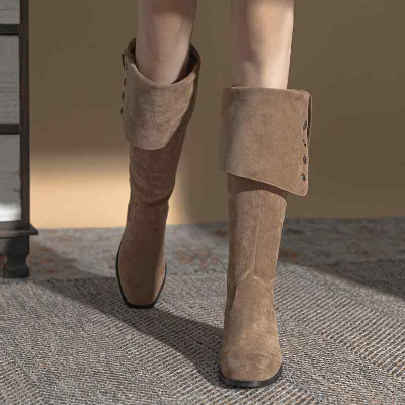 ブーツ レディース 秋冬 滑り止め 厚底 2WAY マラード レトロ スエード調 折り返し ミドルヒール チャ..