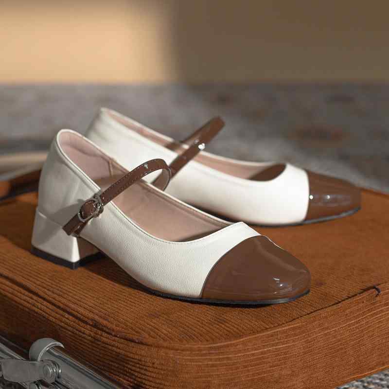 メリージェーン レディース ブラウン 切り替えカラー ラウンドトゥ 太ヒール ミドルヒール エナメル パンプス 春夏 シンプル デイリーユース 通勤 通学 合わ...