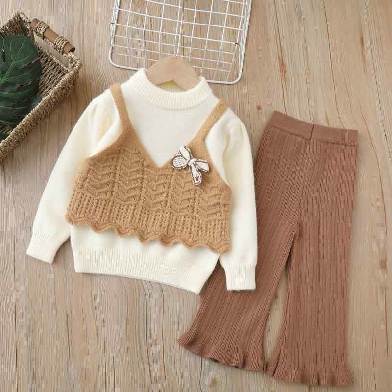 ニット キッズ 女の子 セットアップ リボン 花柄 カーディガン プルオーバー 長袖 秋冬春 アクリル やわらか素材 通園 通学 普段着 おしゃれ かわいい