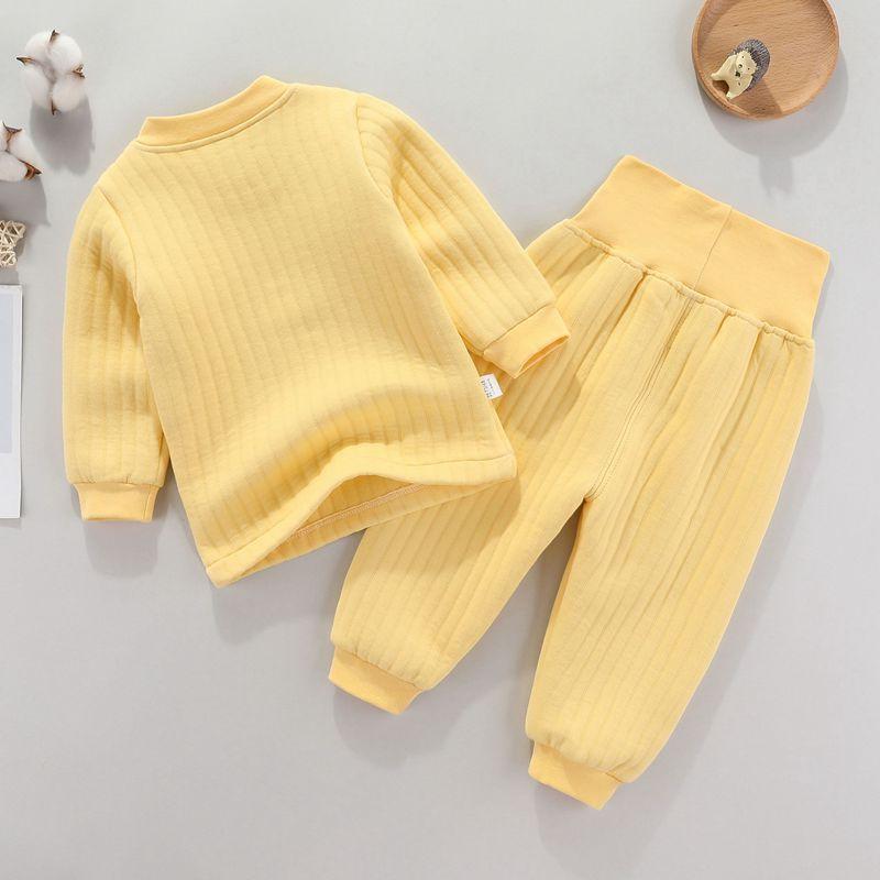 ベビー インナー 肌着 キッズ 男の子 女の子 保温 厚手 ハイウエスト 腹巻付き 中綿入り 綿100% 吸湿速乾 抗菌 静電気防止 上下セット パジャマ ルームウェア 秋冬 丸首 Aクラス安全