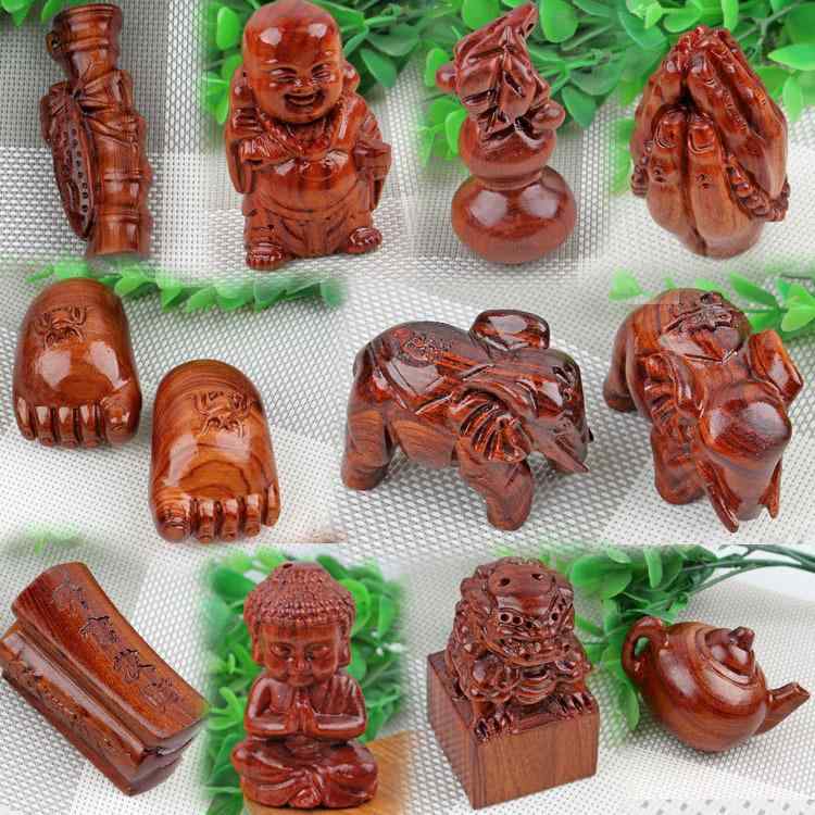 置物 紅花梨木製 立体彫刻 縁起物 開運 金運 風水グッズ 貔貅 獅子 龍亀 象 金蟾 福袋 巾着袋 中国 中華 アジアン テイスト 木彫り 手のひらサイズ オブジェ インテリア