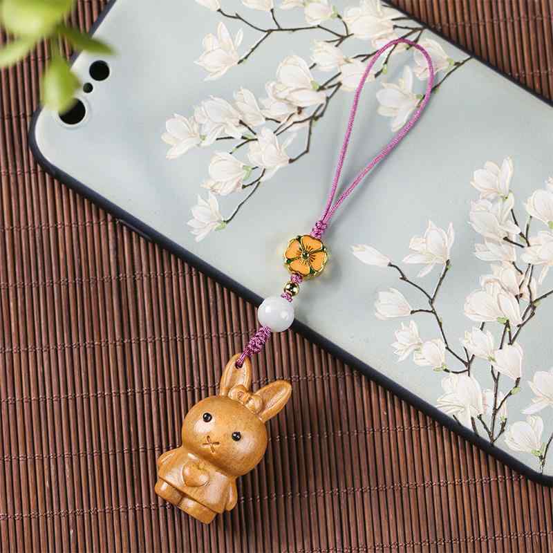 スマホストラップ 天然木製 ハンドメイド 編み込み かわいい うさぎ ラビット 和風 レトロ モダン シンプル バッグ キーホルダー 鞄飾り
