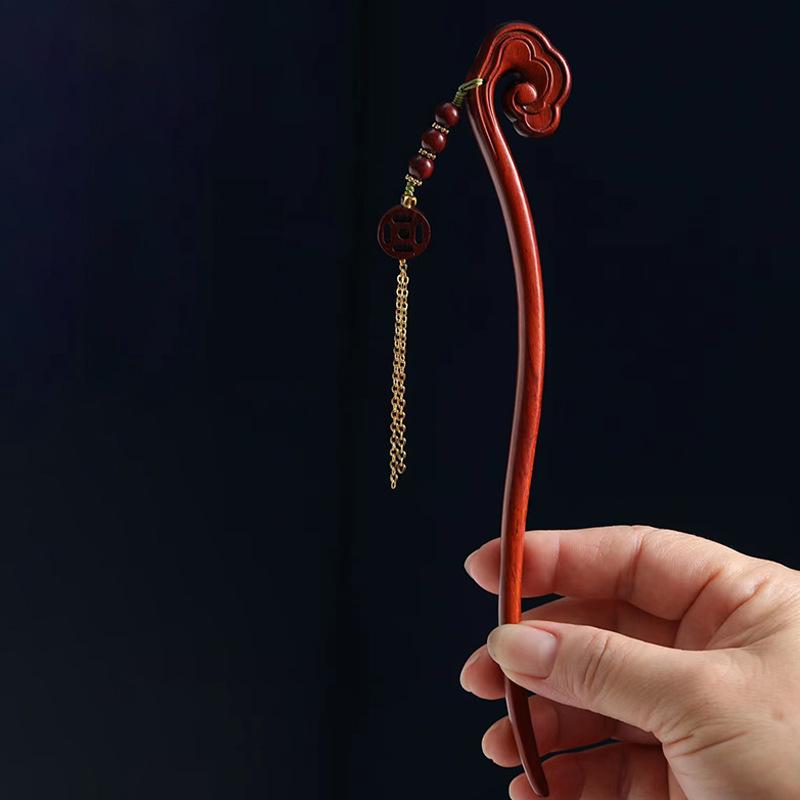 かんざし レディース インドネシア紫檀 天然木製 如意祥雲モチーフ 髪飾り 和風 古典 伝統工芸 エスニック ヘアアクセサリー プレゼント 女性用