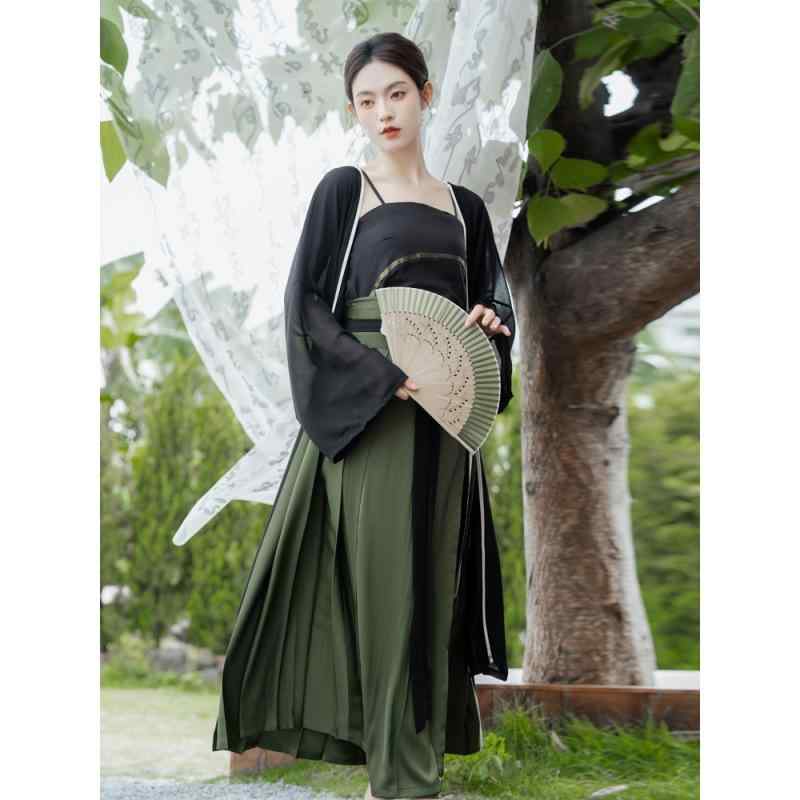 漢服 レディース 新チャイナスタイル 改良 国風 黒 ワイドスリーブロング羽織り キャミソール 馬面スカート 切り替えデザイン ポリエステル素材 通気性 春夏 ...