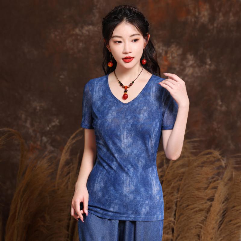 Tシャツ レディース 通気性抜群 メッシュ素材 Vネック 半袖 プルオーバー 個性的なデザイン レトロカジュアル 上品 エレガントスタイル 春夏 カットソー(4)