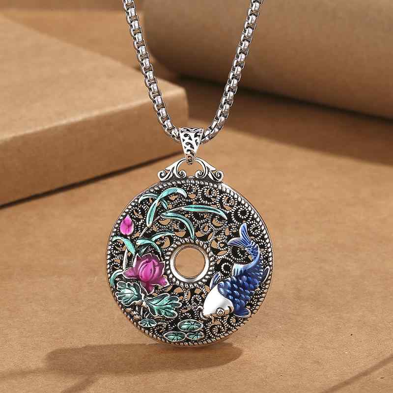 ネックレス レディース レトロ アンティーク調 チャイナスタイル 透かし彫り 蓮 鯉 如意 吉祥 七宝焼き ロングセーターペンダント 個性的 銅製 電気メッキ加工(4)