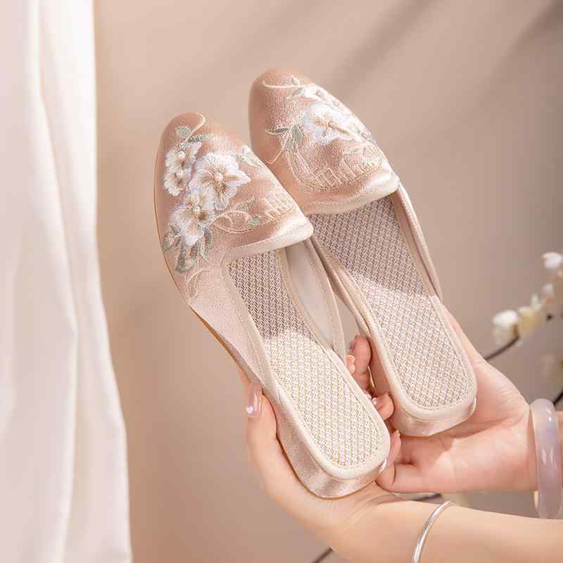 レディース 布シューズ 柔らかな履き心地 ソフトソール 花柄円鏡モチーフ 刺繍 レトロ 古風 チャイナド..