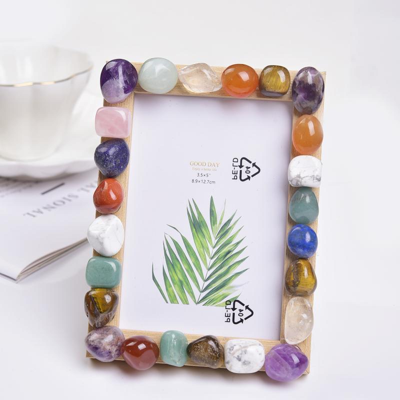 フォトフレーム 天然石 紫水晶 さざれ石 七彩水晶 レインボー 木製 シンプル モダン おしゃれ ジオメトリック 卓上 インテリア 置物 飾り 5インチ 6インチ リビング 玄関(3)