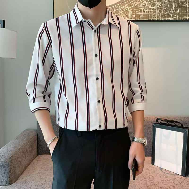 シャツ メンズ 形状記憶 イージーケア 七分袖 韓国風 ストライプ柄 ゆったり 普段使い カジュアル おしゃれ 春夏 スクエアカラー ポリエステル素材 ホワイト 羽織り