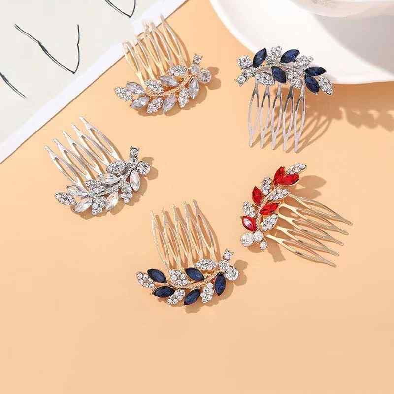 ヘアアクセサリー レディース ミニ リーフ ラインストーン ヘアコーム 髪飾り 高級感 まとめ髪 夜会巻き ブライダル ウェディング 春夏 ブルー レッド ゴールド シルバー