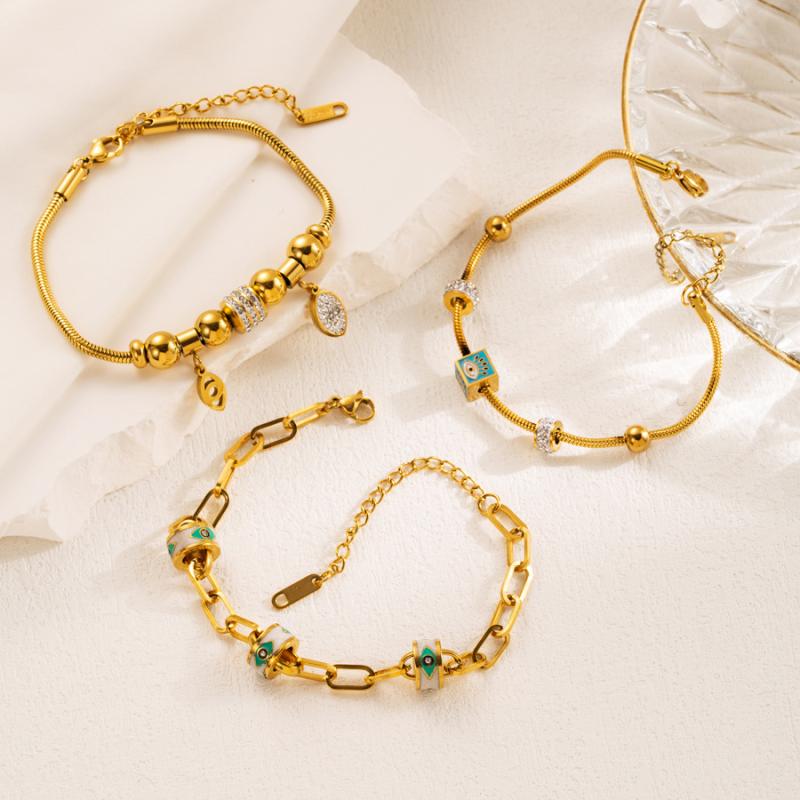 ブレスレット レディース サージカルステンレス製 欧米風 個性的 スタイリッシュ 悪魔の目 ペンダント ジルコニア エナメル 四角 丸型 幾何学モチーフ 変色し...