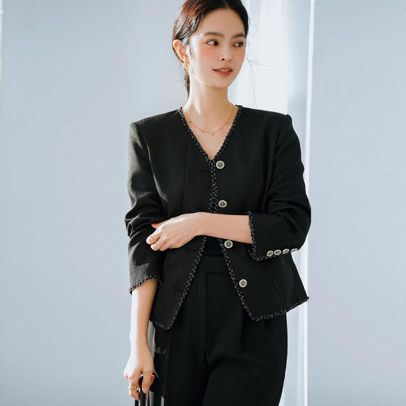 ジャケット レディース 春 ツイード Vネック 長袖 ショート丈 ブラック レトロ フレンチ エレガント 上品 きれいめ オフィス カジュアル