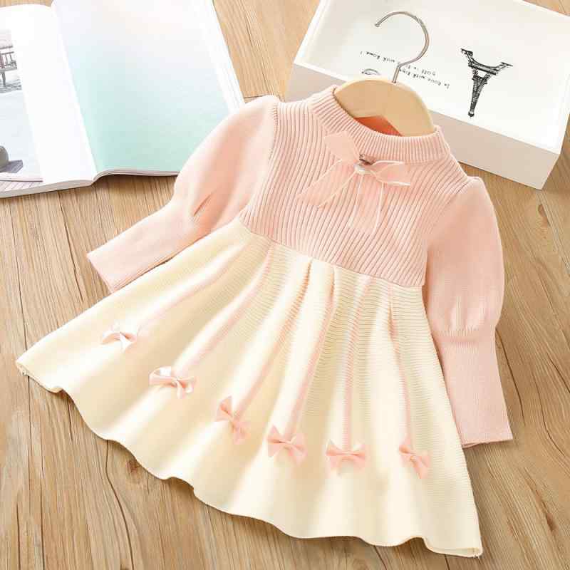 ワンピース キッズ 女の子 韓国風 パフスリーブ リボン ニット アクリル 長袖 プリーツ 無地 かわいい 秋冬 普段着 お出かけ