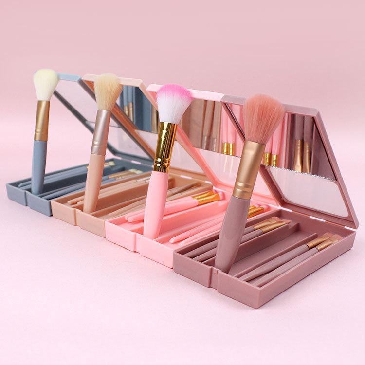 メイクツール 多機能 携帯用 ミニ ミラー付き 5本セット 人工毛 ルースパウダーブラシ 旅行用 コスメ用品 コンパクト