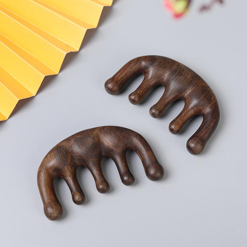 マッサージブラシ 頭皮マッサージ 血行促進 経絡ケア ツボ押し 黒檀 木製 5本歯 ワイドヘッド フェイス..