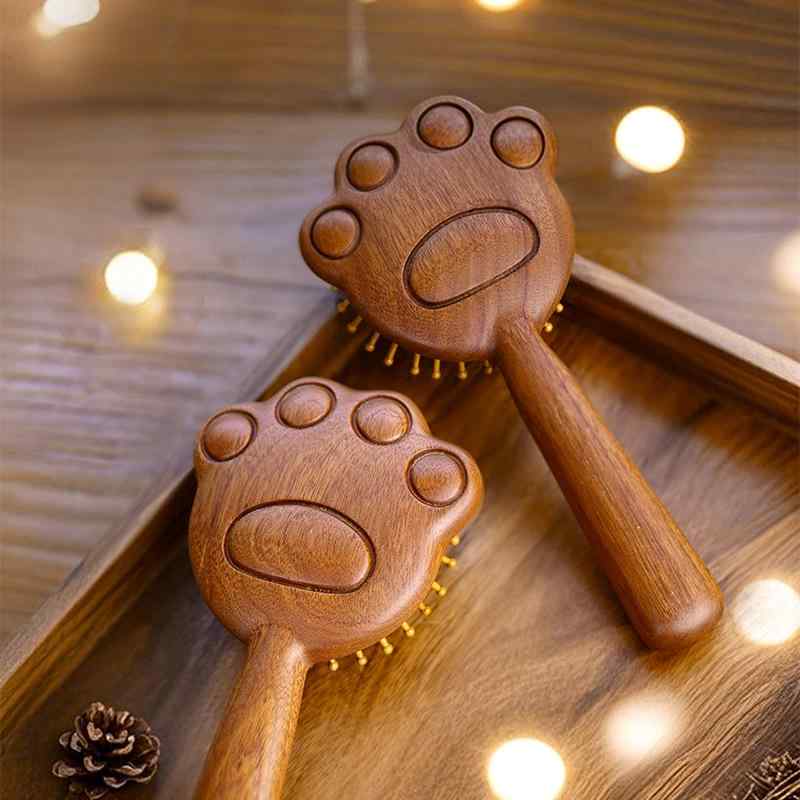 クッションブラシ 子供用 キッズ かわいい 猫の爪デザイン 紅檀木製 天然木 携帯用 ポータブル 家庭用 ..