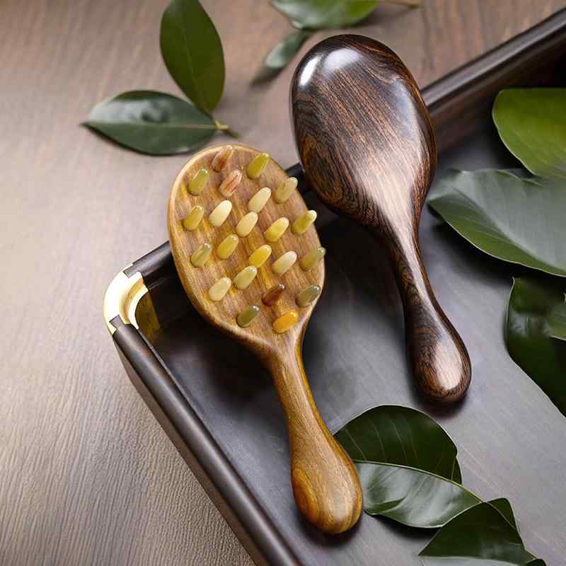 頭皮ブラシ 緑檀 紫檀 天然木 頭皮ケア 頭部マッサージ 経絡 無垢材 無塗装 羊角タイプ 持ち手付き 家庭用 携帯用 血行促進 リラックス効果