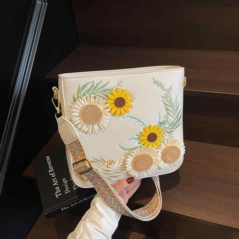 バッグ ミニ スクエア ショルダーバッグ 斜めがけ 刺繡 立体 ひまわり 田園風 カントリー調 ファスナー..