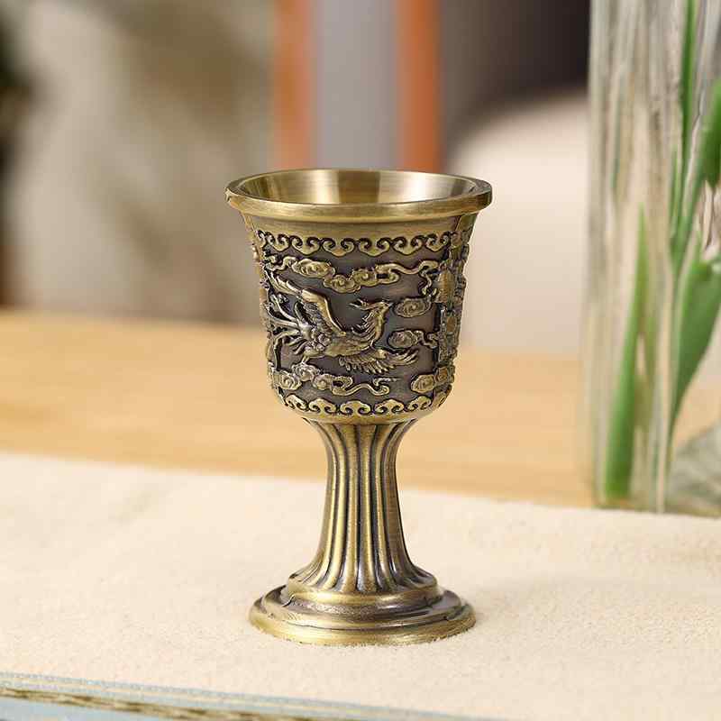 ショットグラス 日本酒グラス 亜鉛合金製 龍鳳凰柄 高級感 上質 レトロ アンティーク風 中華風 脚付き ステムグラス 小さめ 飲食店 家庭用 スピリッツ杯 白酒 清酒 青銅 亮銀