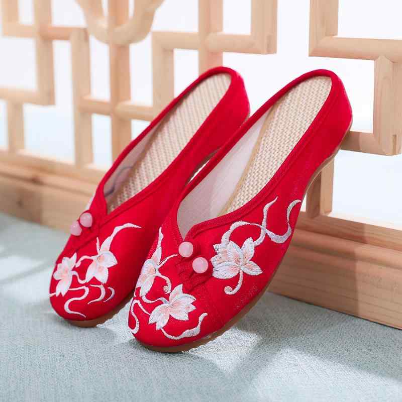 シューズ レディース 速乾 柔らかソール フラット スリッポン 浅履き レトロ 中華風 エスニック 刺繍 ..