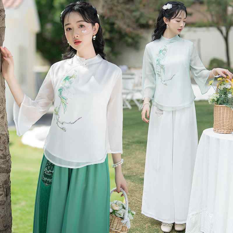 漢服 レディース 女性用 中国風 中国伝統衣装 レトロ 文芸 禅風 禅テイスト 改良 シフォン素材 刺繍 プリント柄 茶芸服 茶道服 トップス ブラウス ゆったり 大きいサイズ 白 緑