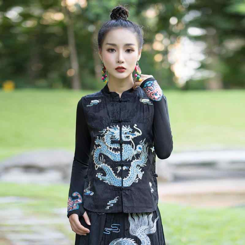 ベスト レディース ショート丈 凝った作り 龍刺繍 チャイナボタン 民族調 レトロ クラシック 中国風 上品 エレガント ジレ サテン生地 スタンドカラー