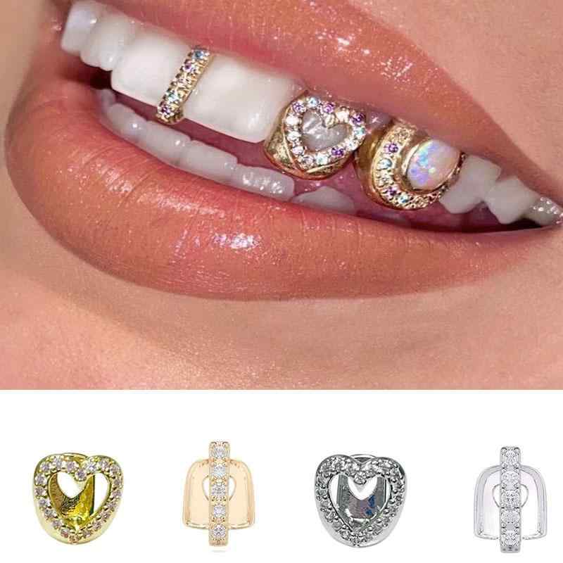 グリルズ ユニセックス ヒップホップ ハート 透かし彫り 金メッキ 人工宝石 ジルコニア 銅製 ニッチデザイン 口元アクセサリー