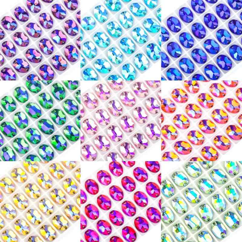 ラインストーン ガラス製 縫い付け オーバル 卵型 フラットバック 2つ穴 ABカラー DIY ハンドメイド 手..