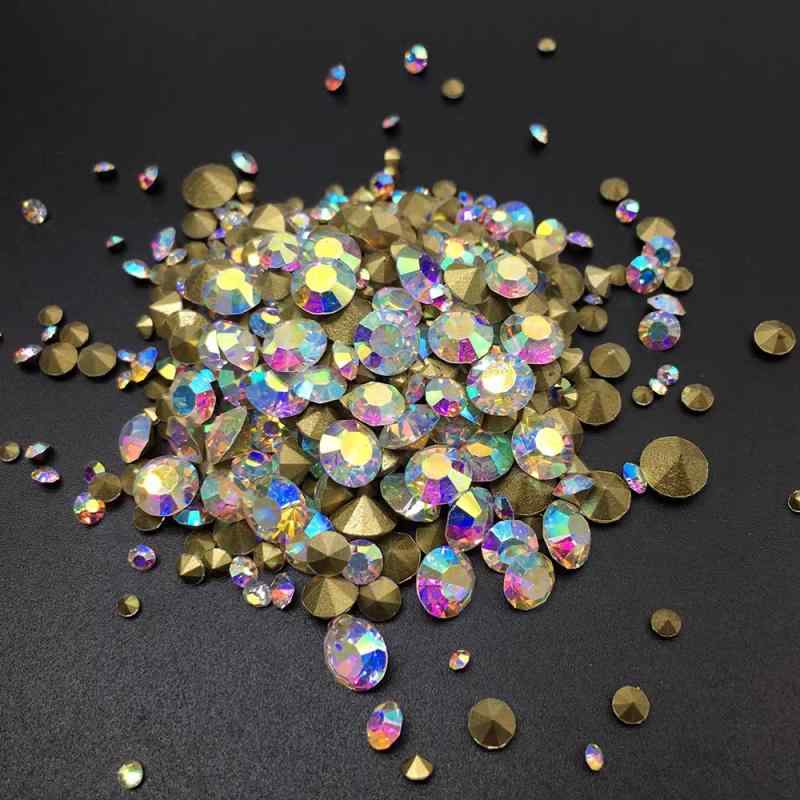 ネイルパーツ ABオーロラ 輝く立体 ラウンド ガラス ラインストーン 先端尖り DIY デコパーツ ハンドメイド用品 バラ売り カラフル ミックスサイズ 小粒 大粒