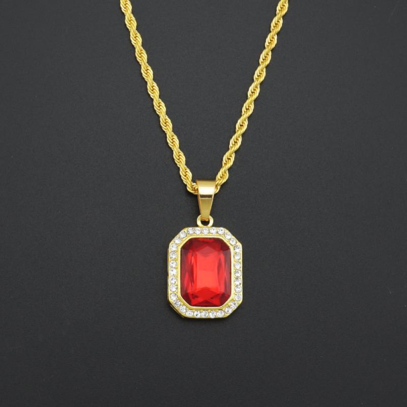 ネックレス メンズ ヒップホップ ストリート クール 個性的 スクエア レッドジルコニア ペンダント トレンド カジュアル 万能 合金製 埋め込み ゴールド カラー 60cmチェーン